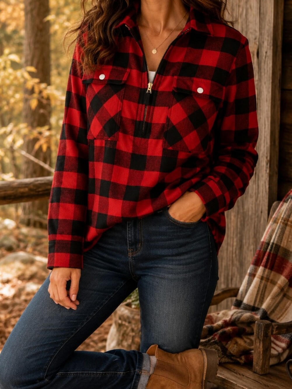 J. Crew Buffalo Check Half-Zip Flannel Shacket Shirt Jacket Red Black XS